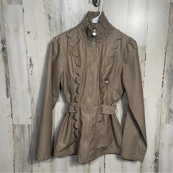 Betsey Johnson Jackets & Blazers - Betsey Johnson Khaki Tan Scalloped Tie Back Zip Up Jacket- size S